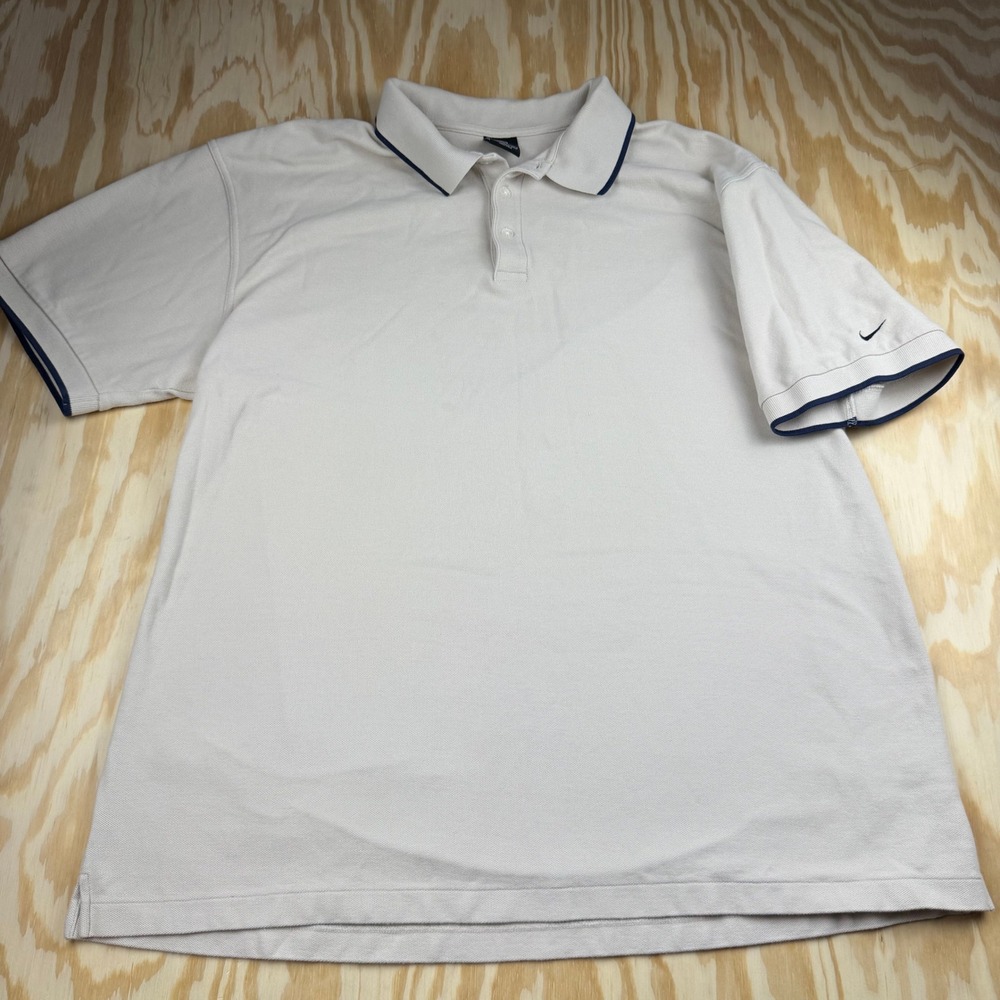 Vintage Nike Golf Mens 3XL Cream Cotton Pique Polo Shirt Navy Trim Short Sleeve